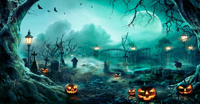 A graveyard at night with pumpkins and a full moon