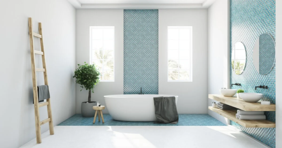 a white and blue modern bathroom with large bath tub