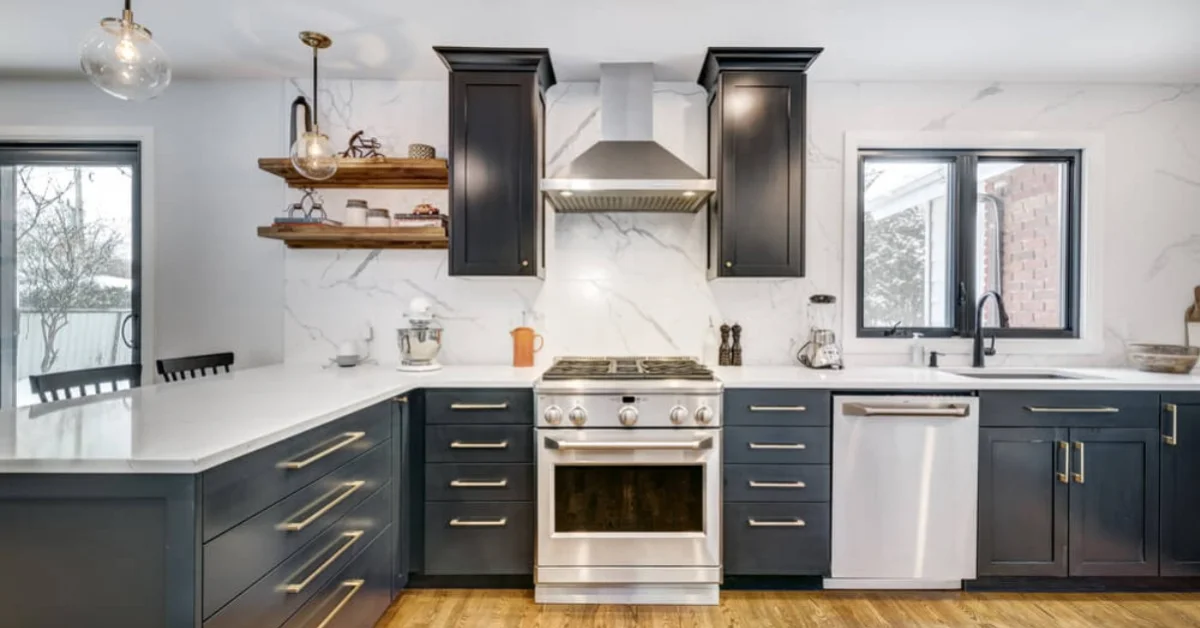 sleek grey and white large kitchen