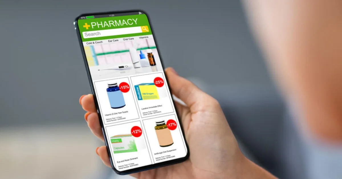 person holding a mobile phone ordering from a pharmacy