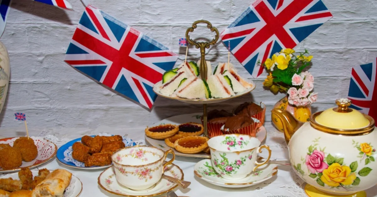 union jack flags with a tea party on a table