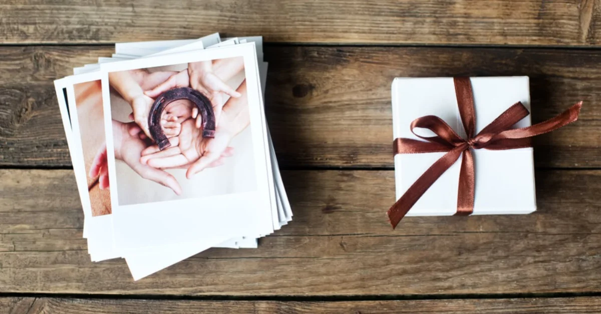 a collection of photos next to a gift box