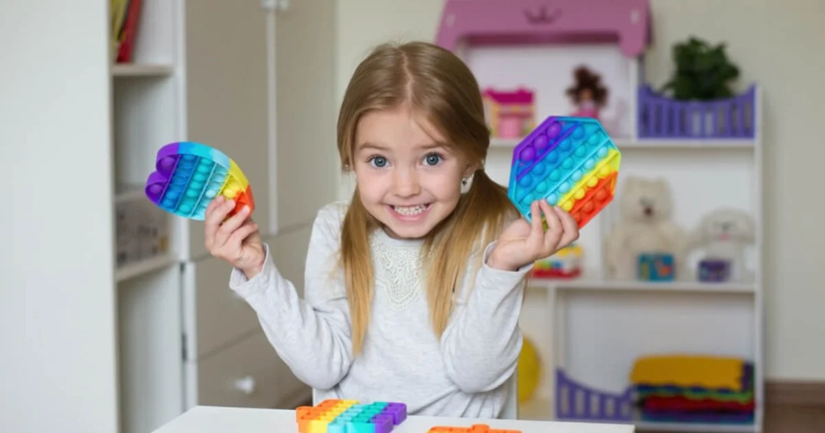 a young girl smiling holding up her toys