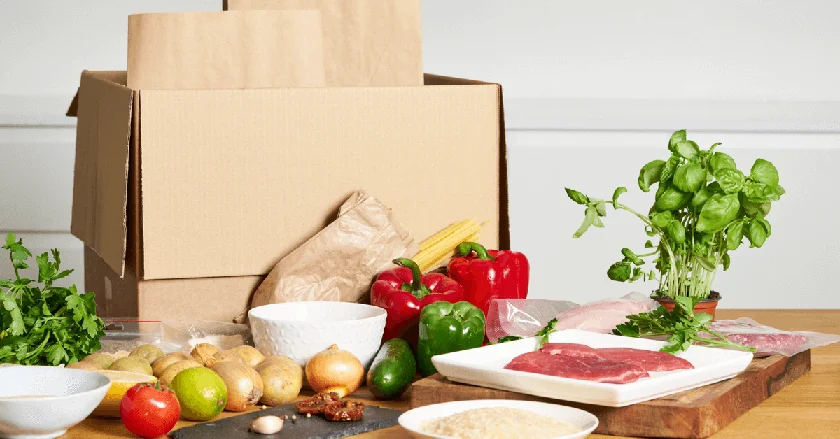 An unpacked meal delivery kit