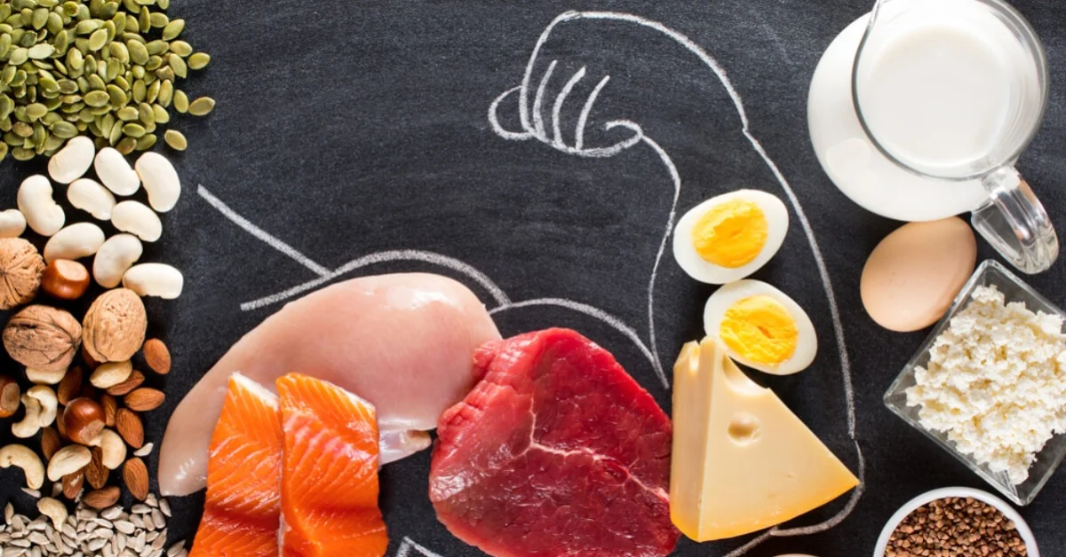high protein foods over a drawing of a muscular arm