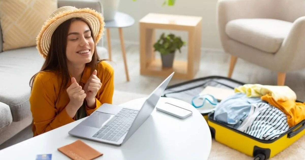 a young woman looking excited booking her holiday and packing her suitcase