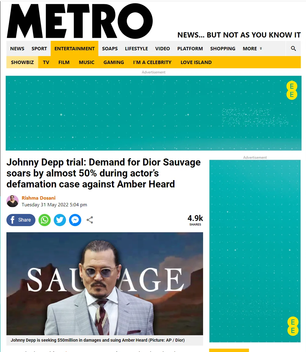 Vendas do perfume ‘Sauvage’, com campanha estrela por Johnny Depp, disparam, após julgamento – Metro World News Brasil