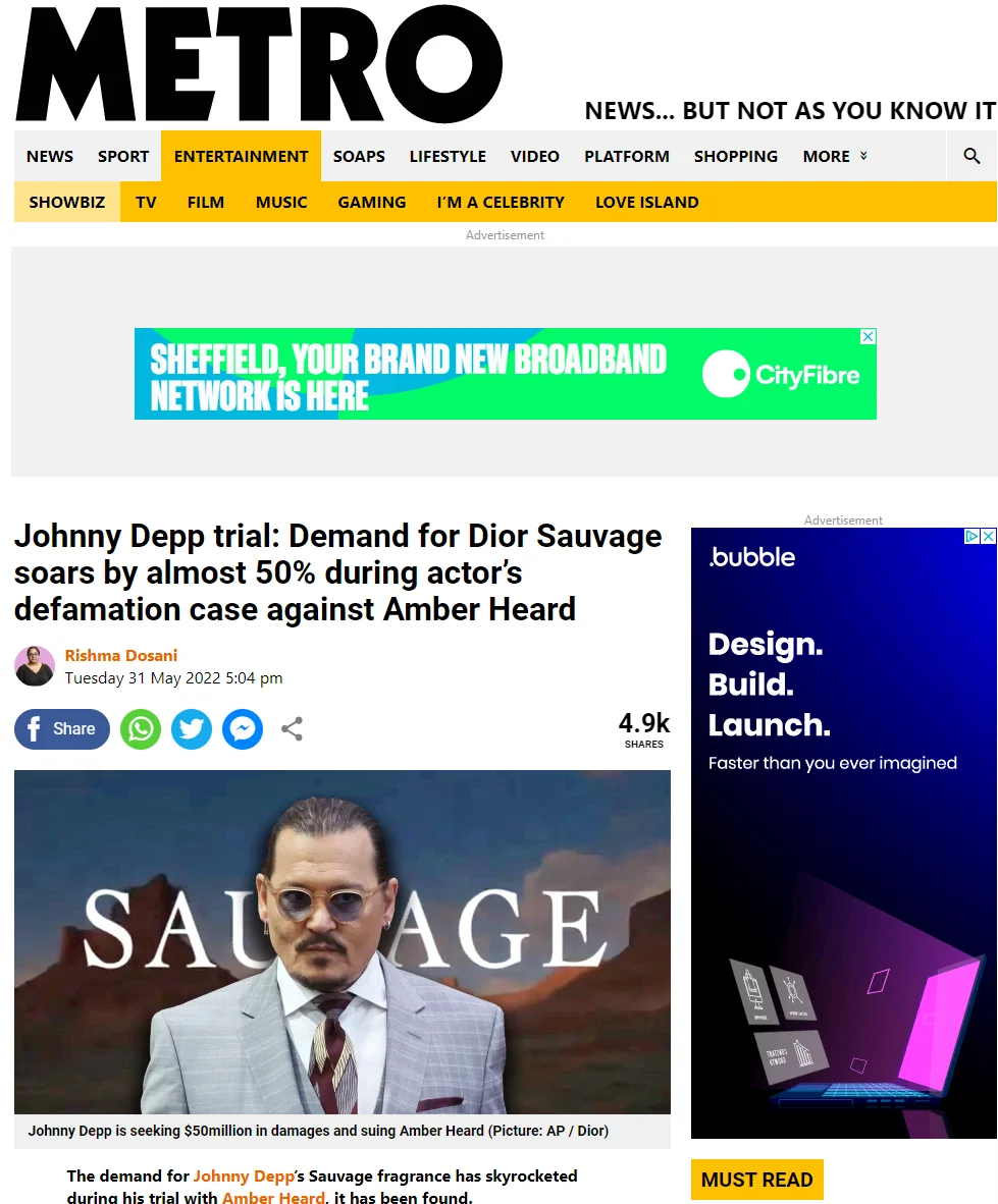 Johnny Depp trial: Demand for Dior Sauvage soars amid Amber Heard court case | Metro News