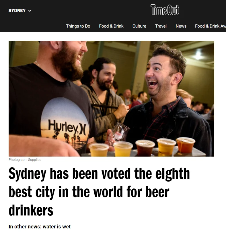 Sydney has been voted the eighth best city in the world for beer drinkers
